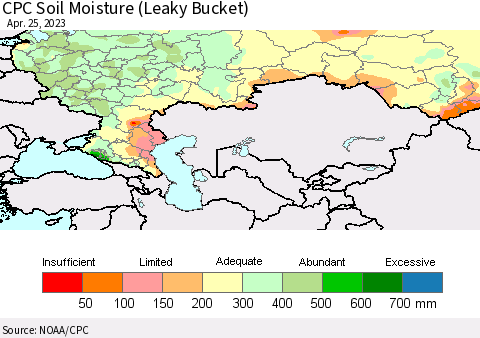 Russian Federation CPC Soil Moisture (Leaky Bucket) Thematic Map For 4/21/2023 - 4/25/2023