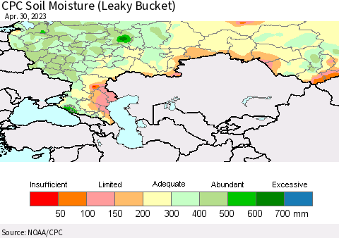Russian Federation CPC Soil Moisture (Leaky Bucket) Thematic Map For 4/26/2023 - 4/30/2023