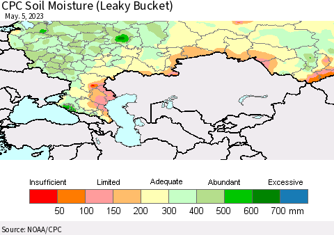 Russian Federation CPC Soil Moisture (Leaky Bucket) Thematic Map For 5/1/2023 - 5/5/2023
