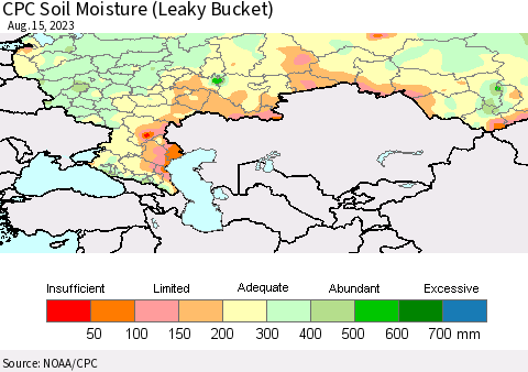Russian Federation CPC Soil Moisture (Leaky Bucket) Thematic Map For 8/11/2023 - 8/15/2023