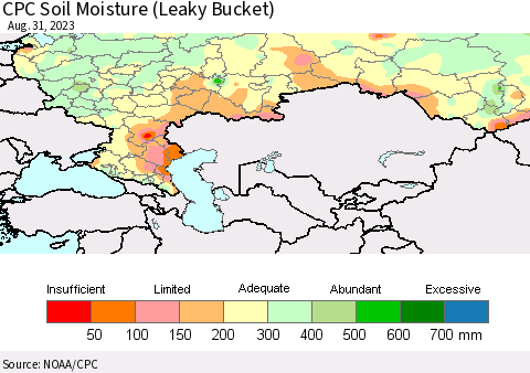 Russian Federation CPC Soil Moisture (Leaky Bucket) Thematic Map For 8/26/2023 - 8/31/2023