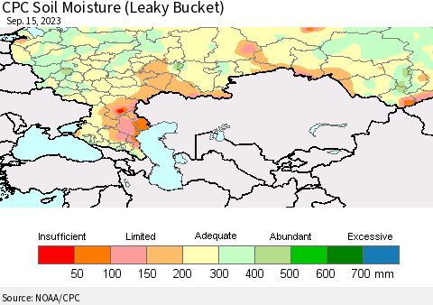 Russian Federation CPC Soil Moisture (Leaky Bucket) Thematic Map For 9/11/2023 - 9/15/2023