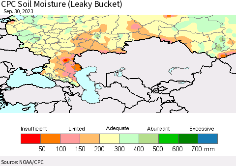 Russian Federation CPC Soil Moisture (Leaky Bucket) Thematic Map For 9/26/2023 - 9/30/2023