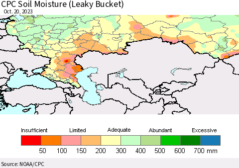 Russian Federation CPC Soil Moisture (Leaky Bucket) Thematic Map For 10/16/2023 - 10/20/2023