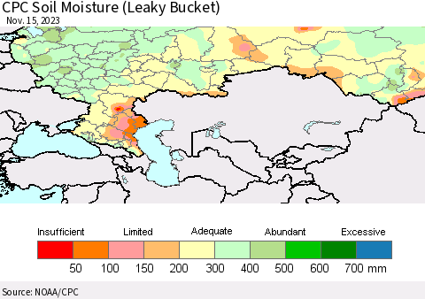 Russian Federation CPC Soil Moisture (Leaky Bucket) Thematic Map For 11/11/2023 - 11/15/2023