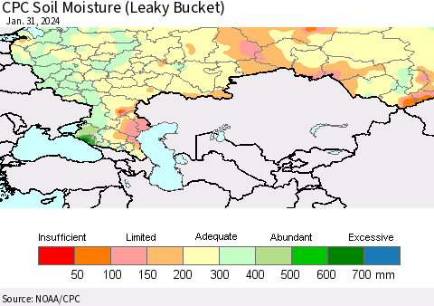 Russian Federation CPC Soil Moisture (Leaky Bucket) Thematic Map For 1/26/2024 - 1/31/2024