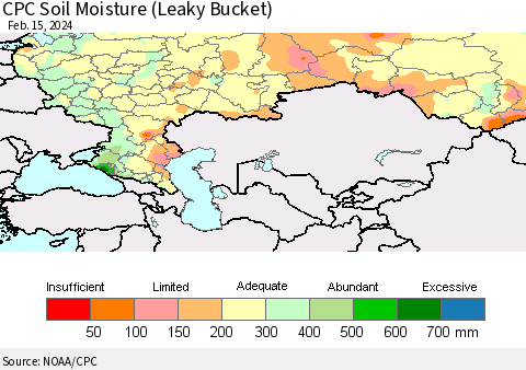 Russian Federation CPC Soil Moisture (Leaky Bucket) Thematic Map For 2/11/2024 - 2/15/2024
