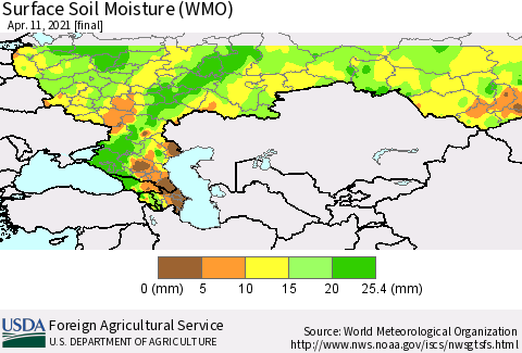 Russian Federation Surface Soil Moisture (WMO) Thematic Map For 4/5/2021 - 4/11/2021