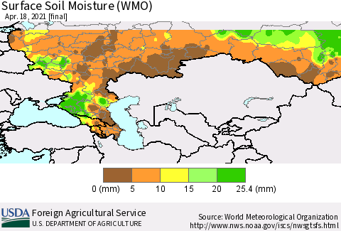 Russian Federation Surface Soil Moisture (WMO) Thematic Map For 4/12/2021 - 4/18/2021