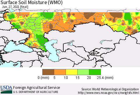 Russian Federation Surface Soil Moisture (WMO) Thematic Map For 6/21/2021 - 6/27/2021