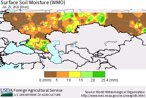 Russian Federation Surface Soil Moisture (WMO) Thematic Map For 7/19/2021 - 7/25/2021