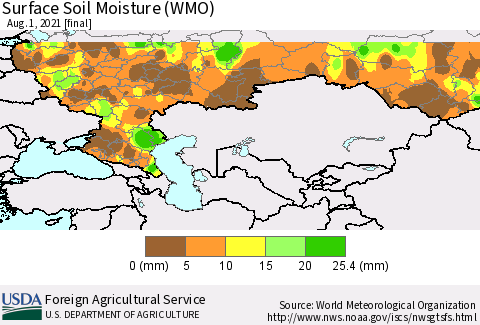 Russian Federation Surface Soil Moisture (WMO) Thematic Map For 7/26/2021 - 8/1/2021