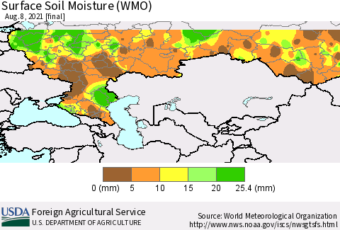 Russian Federation Surface Soil Moisture (WMO) Thematic Map For 8/2/2021 - 8/8/2021