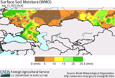 Russian Federation Surface Soil Moisture (WMO) Thematic Map For 8/9/2021 - 8/15/2021