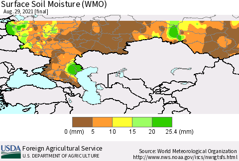Russian Federation Surface Soil Moisture (WMO) Thematic Map For 8/23/2021 - 8/29/2021