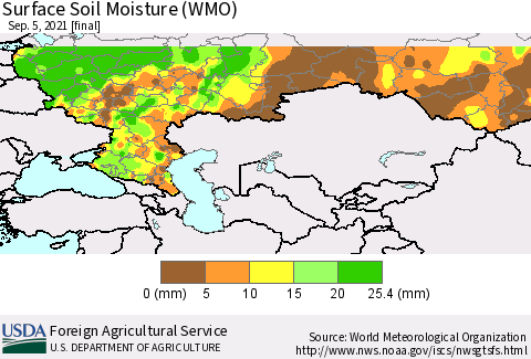 Russian Federation Surface Soil Moisture (WMO) Thematic Map For 8/30/2021 - 9/5/2021