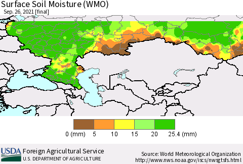 Russian Federation Surface Soil Moisture (WMO) Thematic Map For 9/20/2021 - 9/26/2021