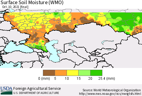 Russian Federation Surface Soil Moisture (WMO) Thematic Map For 10/4/2021 - 10/10/2021