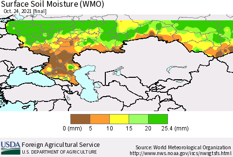 Russian Federation Surface Soil Moisture (WMO) Thematic Map For 10/18/2021 - 10/24/2021