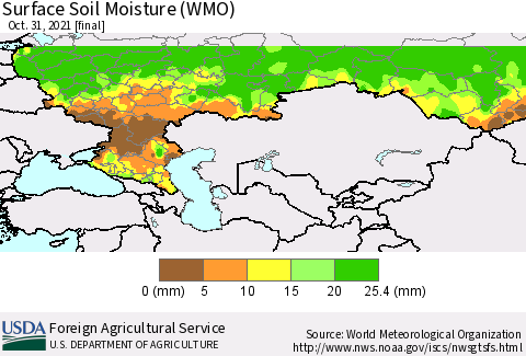 Russian Federation Surface Soil Moisture (WMO) Thematic Map For 10/25/2021 - 10/31/2021