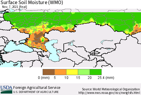 Russian Federation Surface Soil Moisture (WMO) Thematic Map For 11/1/2021 - 11/7/2021