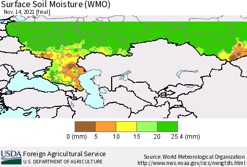 Russian Federation Surface Soil Moisture (WMO) Thematic Map For 11/8/2021 - 11/14/2021