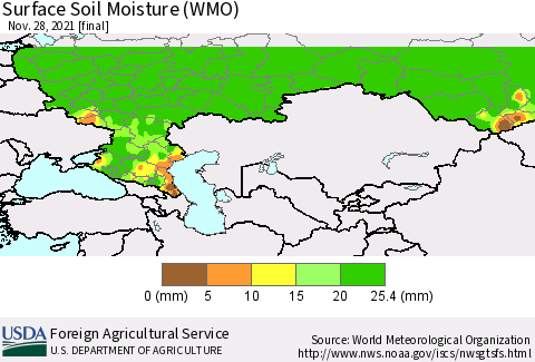 Russian Federation Surface Soil Moisture (WMO) Thematic Map For 11/22/2021 - 11/28/2021