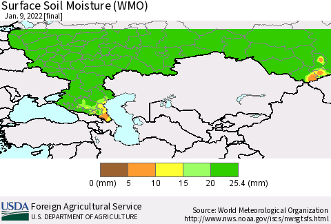 Russian Federation Surface Soil Moisture (WMO) Thematic Map For 1/3/2022 - 1/9/2022
