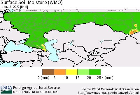 Russian Federation Surface Soil Moisture (WMO) Thematic Map For 1/10/2022 - 1/16/2022