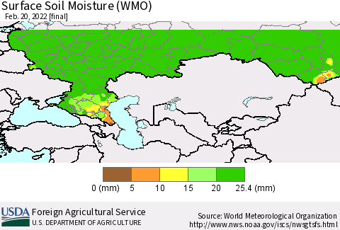 Russian Federation Surface Soil Moisture (WMO) Thematic Map For 2/14/2022 - 2/20/2022