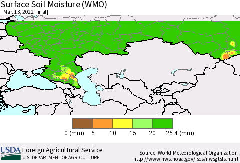 Russian Federation Surface Soil Moisture (WMO) Thematic Map For 3/7/2022 - 3/13/2022