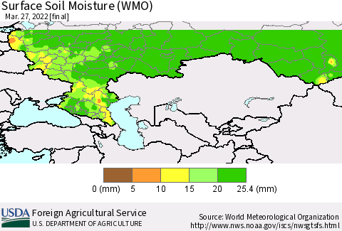 Russian Federation Surface Soil Moisture (WMO) Thematic Map For 3/21/2022 - 3/27/2022