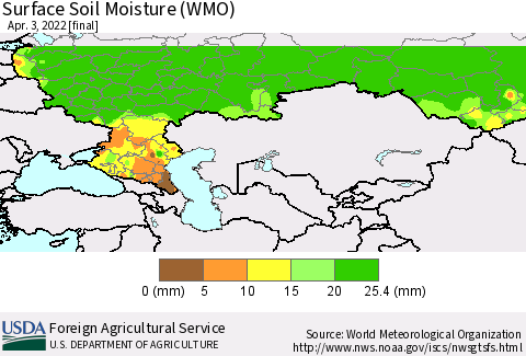 Russian Federation Surface Soil Moisture (WMO) Thematic Map For 3/28/2022 - 4/3/2022