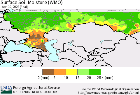 Russian Federation Surface Soil Moisture (WMO) Thematic Map For 4/4/2022 - 4/10/2022