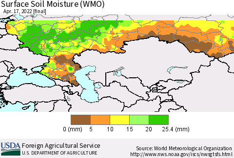 Russian Federation Surface Soil Moisture (WMO) Thematic Map For 4/11/2022 - 4/17/2022