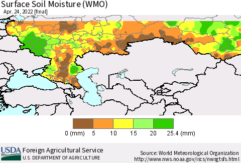 Russian Federation Surface Soil Moisture (WMO) Thematic Map For 4/18/2022 - 4/24/2022