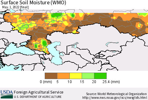 Russian Federation Surface Soil Moisture (WMO) Thematic Map For 4/25/2022 - 5/1/2022