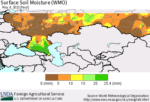 Russian Federation Surface Soil Moisture (WMO) Thematic Map For 5/2/2022 - 5/8/2022