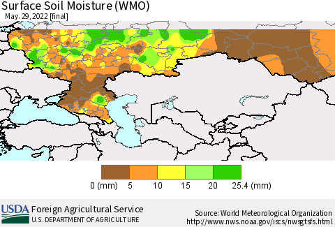 Russian Federation Surface Soil Moisture (WMO) Thematic Map For 5/23/2022 - 5/29/2022