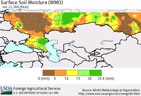Russian Federation Surface Soil Moisture (WMO) Thematic Map For 6/6/2022 - 6/12/2022