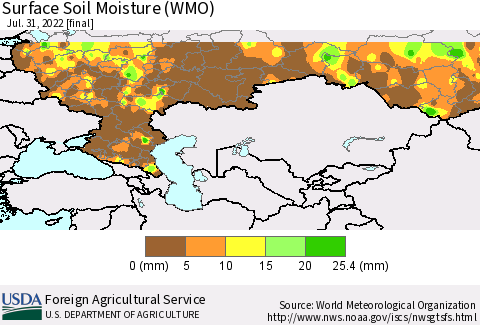 Russian Federation Surface Soil Moisture (WMO) Thematic Map For 7/25/2022 - 7/31/2022