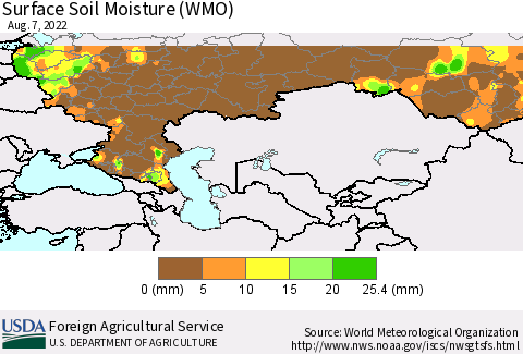 Russian Federation Surface Soil Moisture (WMO) Thematic Map For 8/1/2022 - 8/7/2022