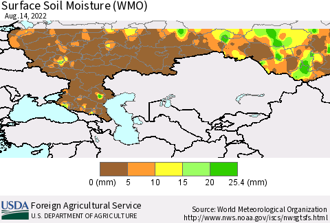 Russian Federation Surface Soil Moisture (WMO) Thematic Map For 8/8/2022 - 8/14/2022