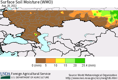 Russian Federation Surface Soil Moisture (WMO) Thematic Map For 8/22/2022 - 8/28/2022