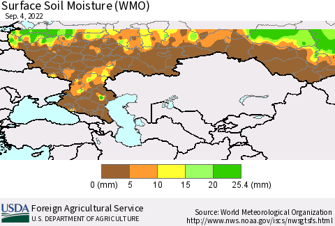 Russian Federation Surface Soil Moisture (WMO) Thematic Map For 8/29/2022 - 9/4/2022