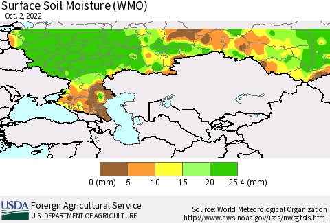 Russian Federation Surface Soil Moisture (WMO) Thematic Map For 9/26/2022 - 10/2/2022