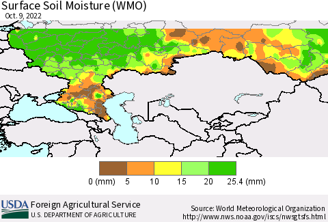 Russian Federation Surface Soil Moisture (WMO) Thematic Map For 10/3/2022 - 10/9/2022