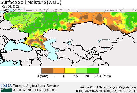Russian Federation Surface Soil Moisture (WMO) Thematic Map For 10/10/2022 - 10/16/2022