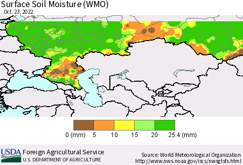 Russian Federation Surface Soil Moisture (WMO) Thematic Map For 10/17/2022 - 10/23/2022