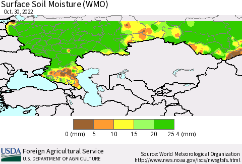 Russian Federation Surface Soil Moisture (WMO) Thematic Map For 10/24/2022 - 10/30/2022